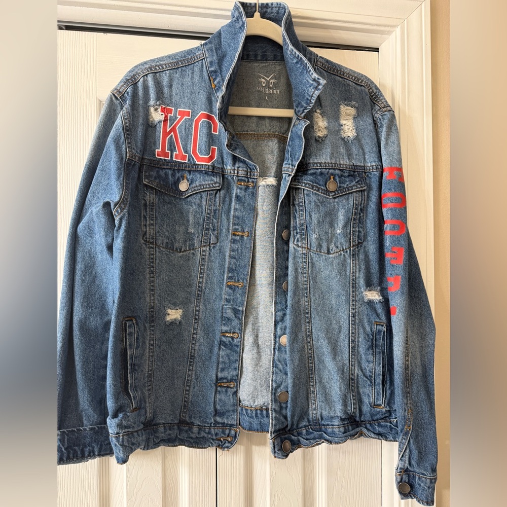 KC CHIEFS Denim Jacket with Red Lettering